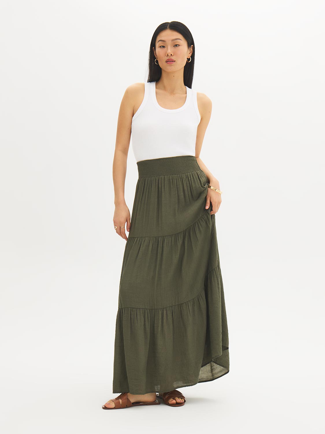 Jupe longue à smocks étagée