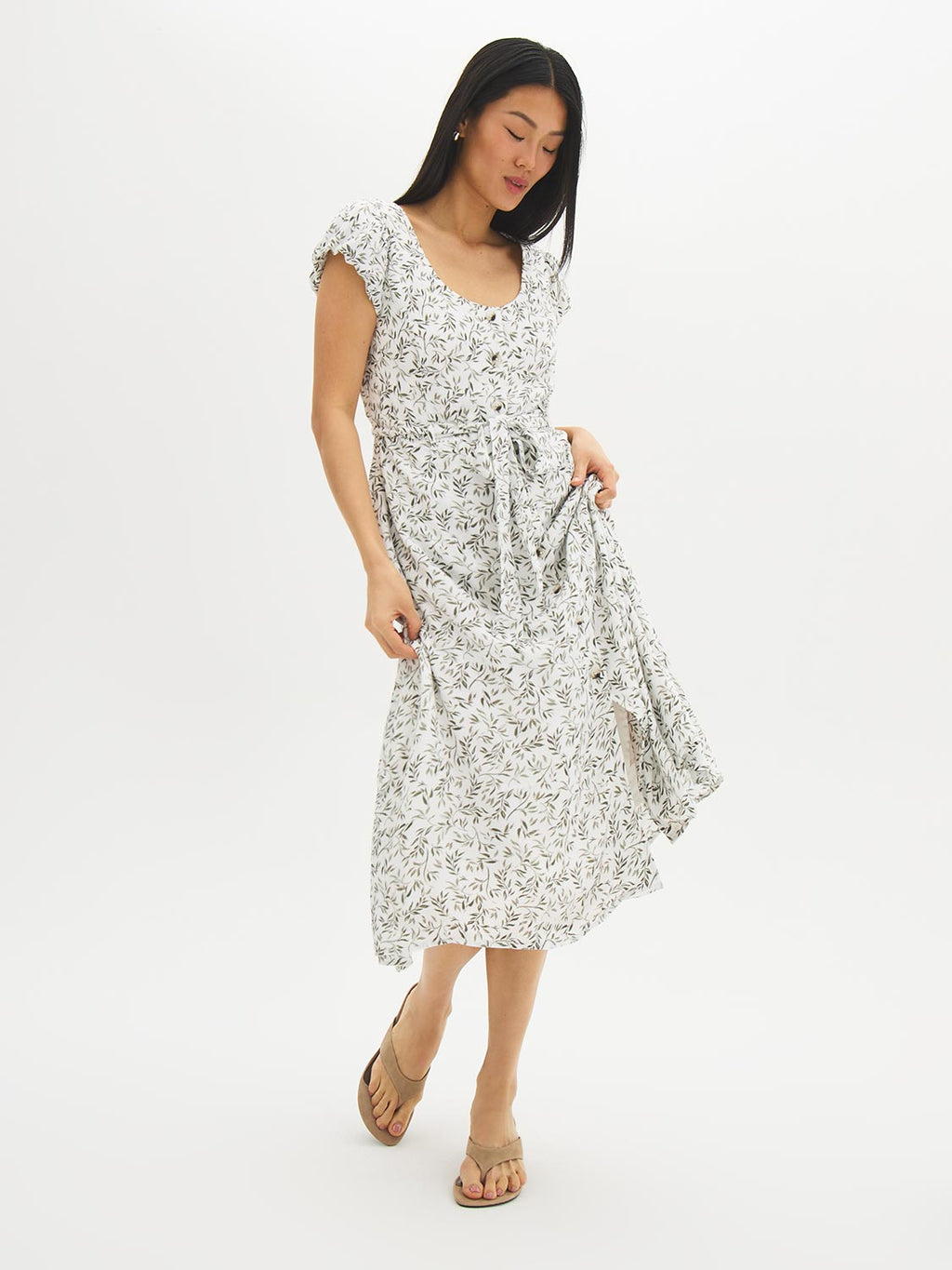 Robe mi-longue boutonnée à imprimé feuillage