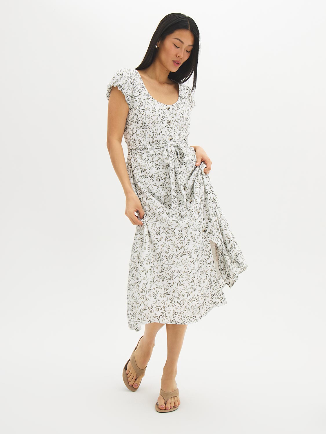 Robe mi-longue boutonnée à imprimé feuillage