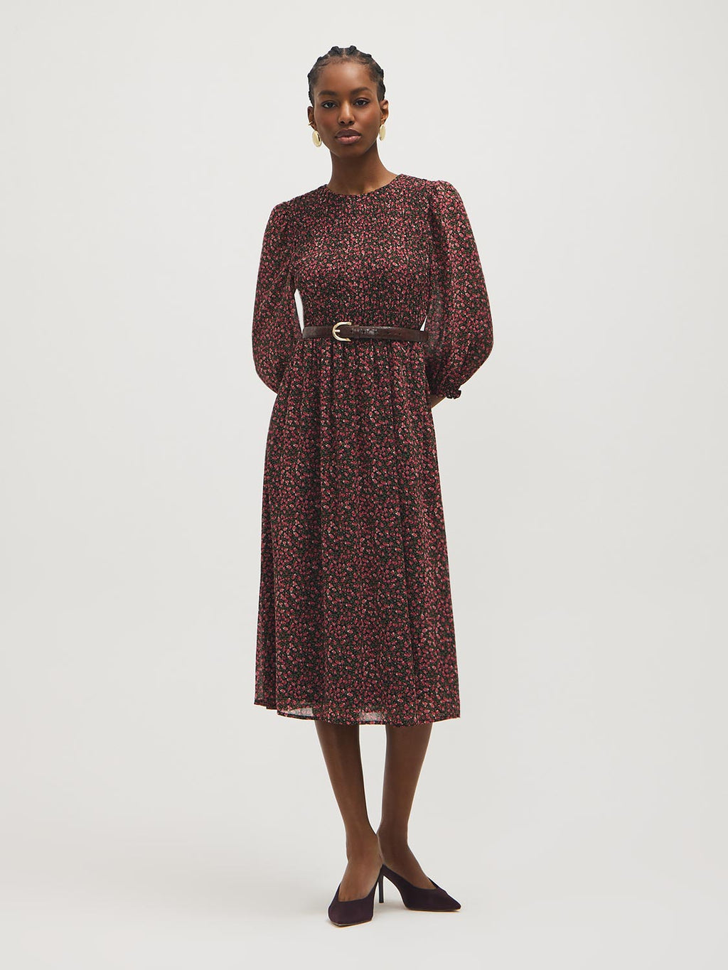 Robe midi en mousseline fleurie smockée