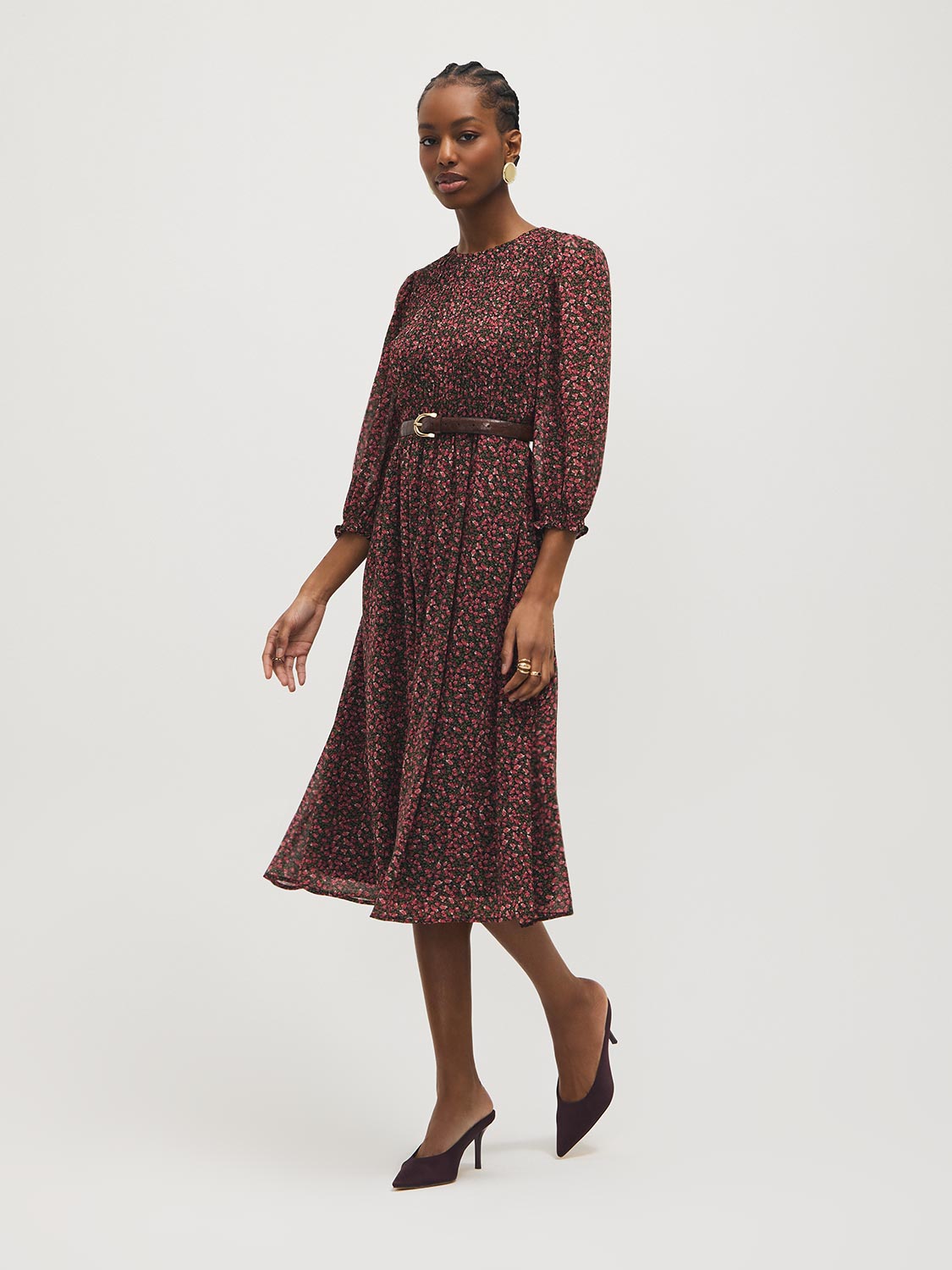 Robe midi en mousseline fleurie smockée