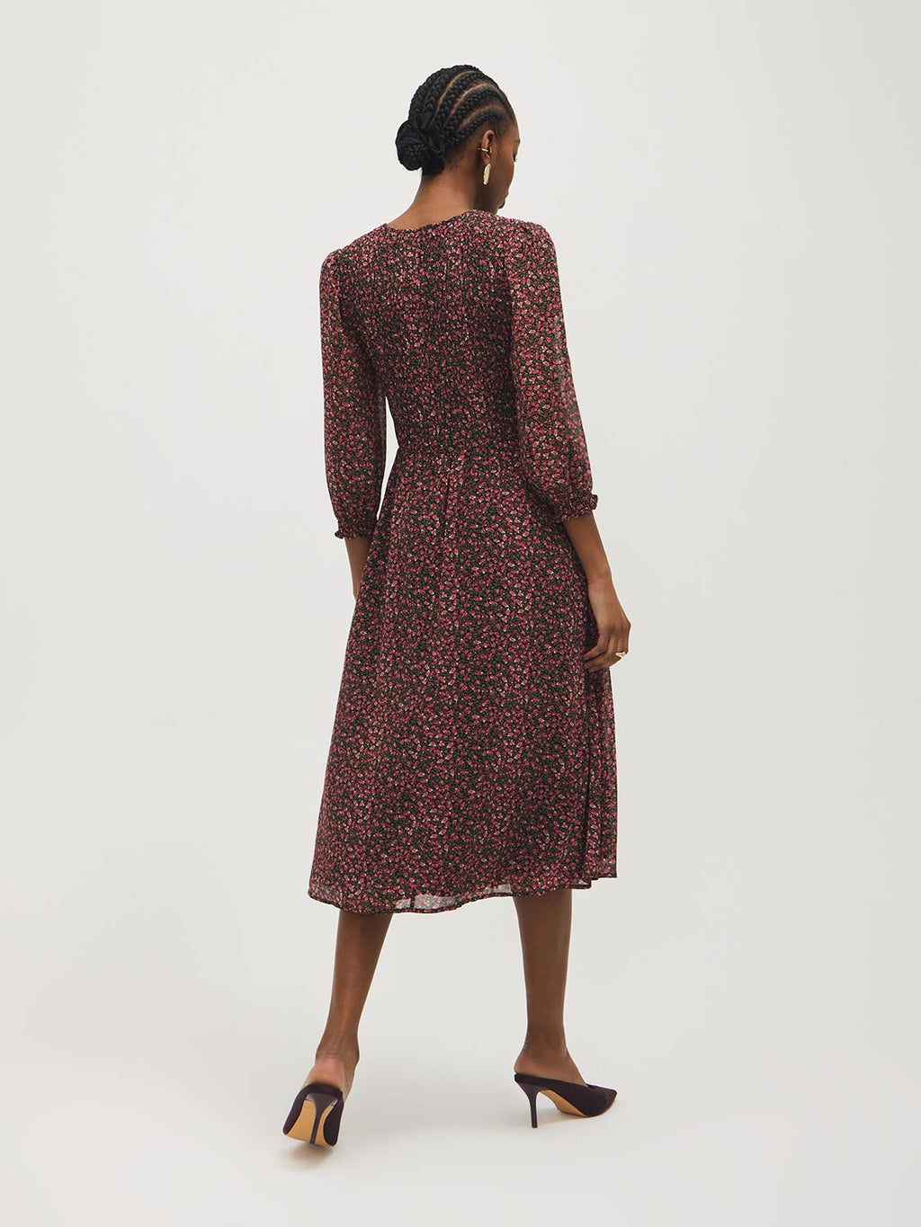 Robe midi en mousseline fleurie smockée
