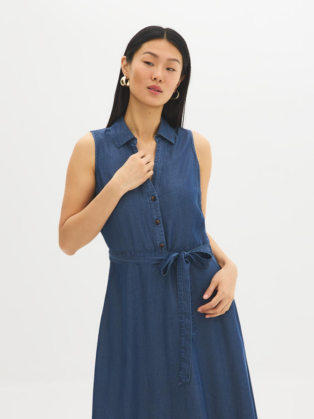 Robe chemise midi en jean sans manches