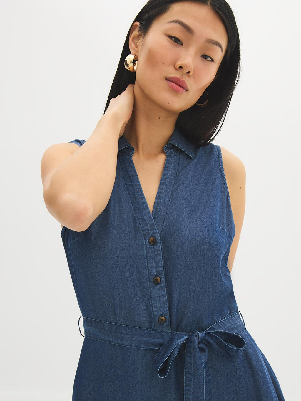 Robe chemise midi en jean sans manches