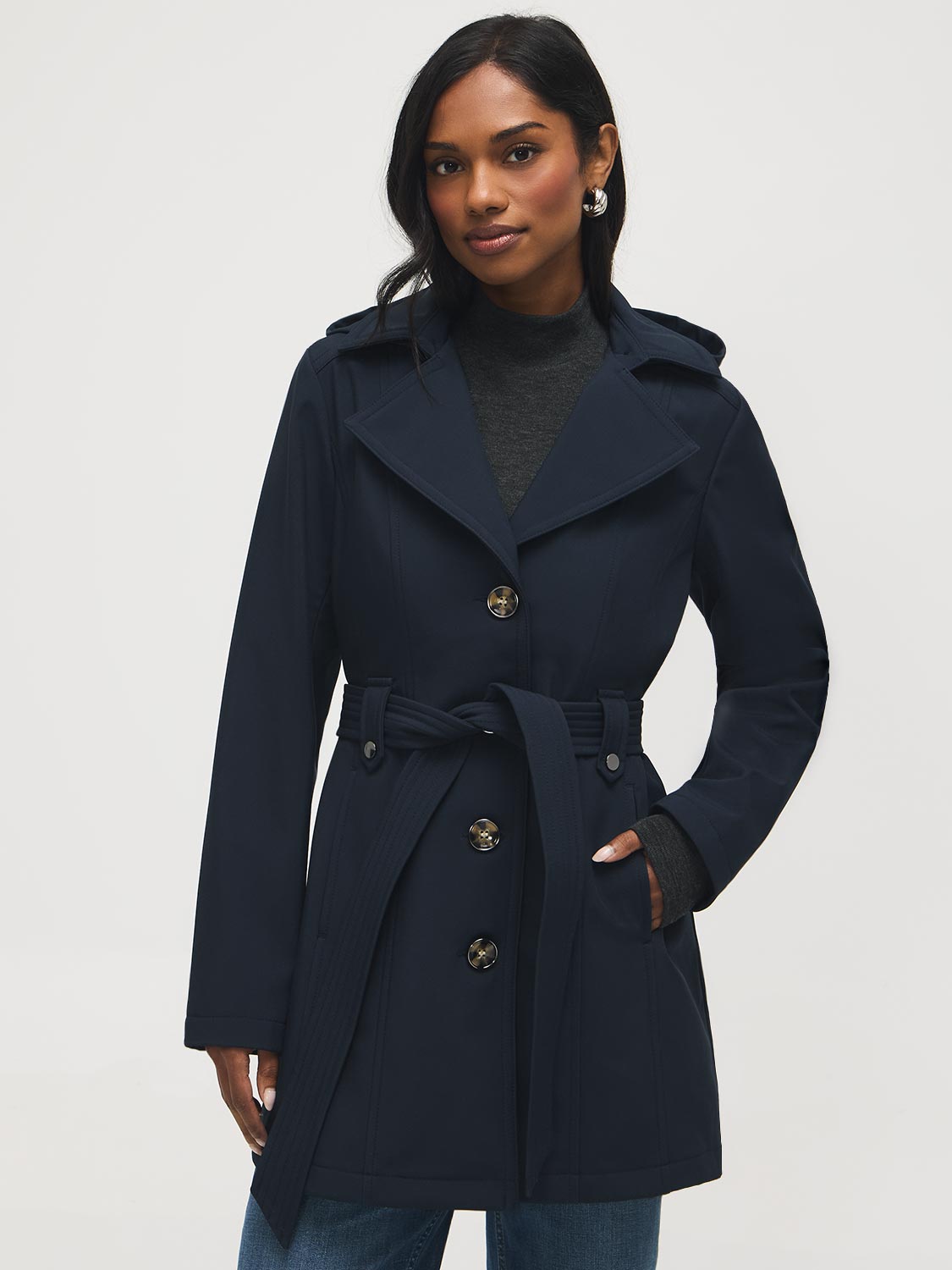 Trench-coat mi-long à capuche